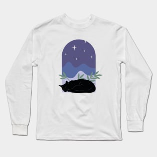 Sleepy cozy black cat with plants and night sky in boho minimalist style Long Sleeve T-Shirt